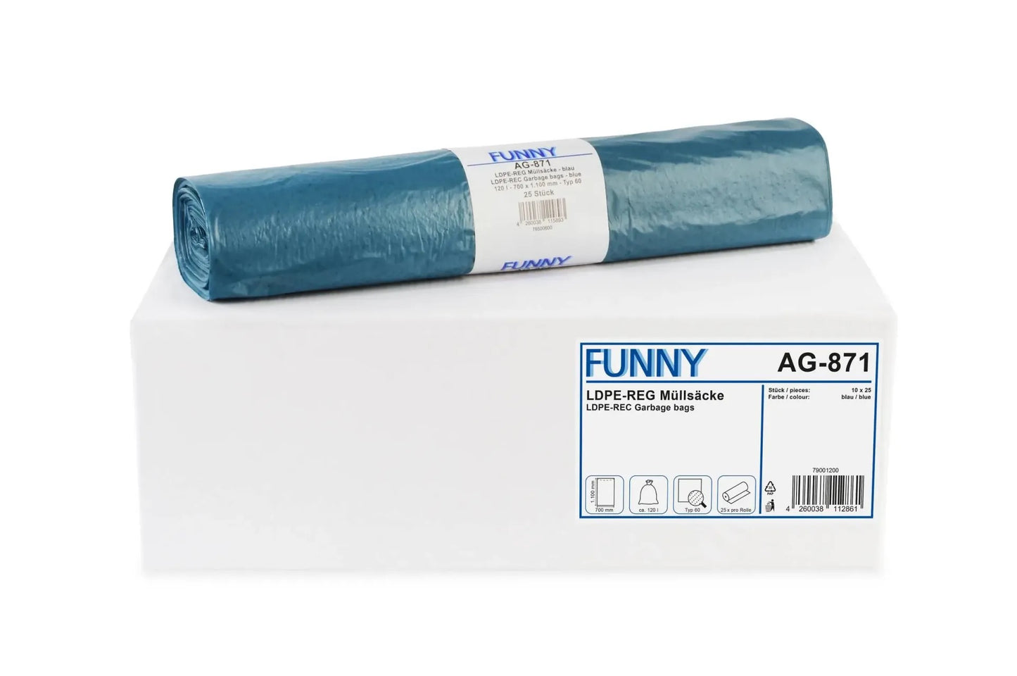 FUNNY LDPE-Regenerat Müllsäcke, blau, Typ 60, 120 l, 700 x 1.100 mm