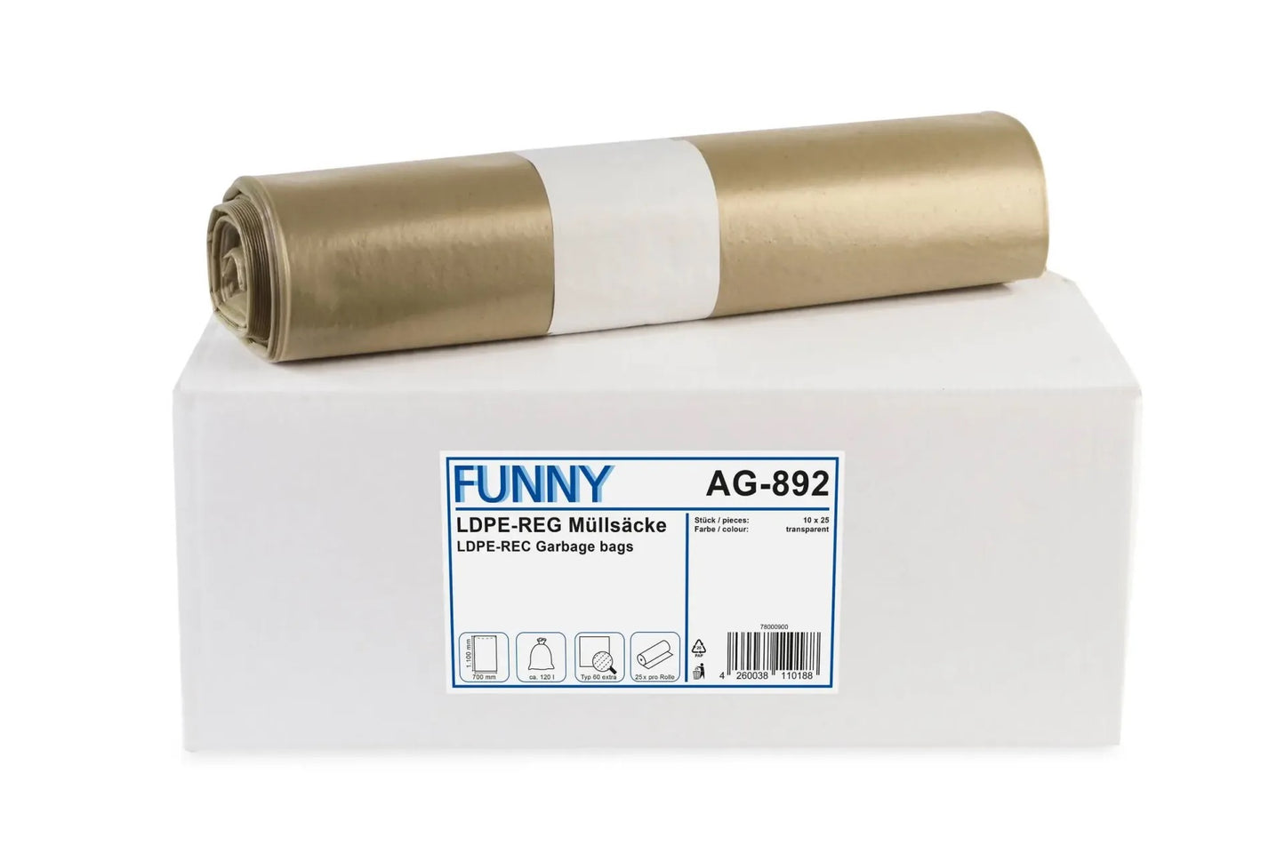 FUNNY LDPE-Regenerat Müllsäcke, transparent, Typ 60 extra, 120 l, 700 x 1.100 mm