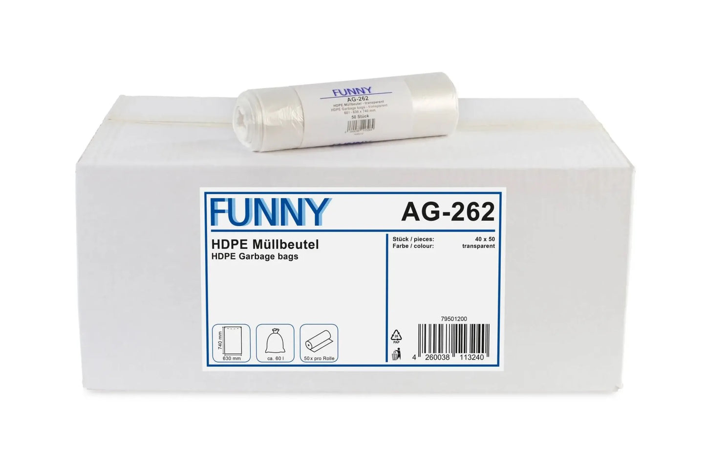 FUNNY HDPE Müllbeutel natur, 60 l, 630 x 740 mm