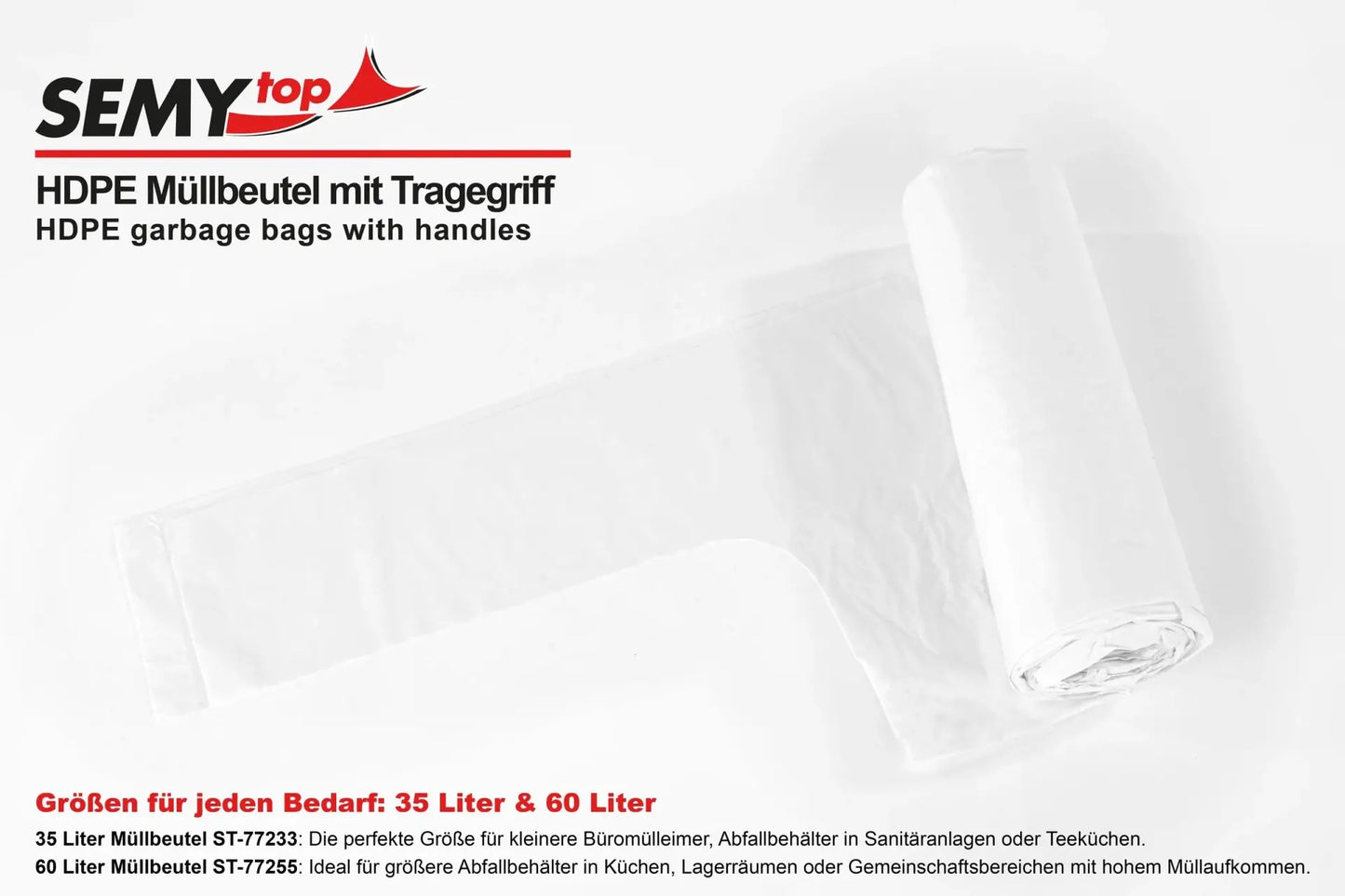 SemyTop HDPE Müllbeutel extra, mit Tragegriff, weiß, 35 l, 650 x 700 mm