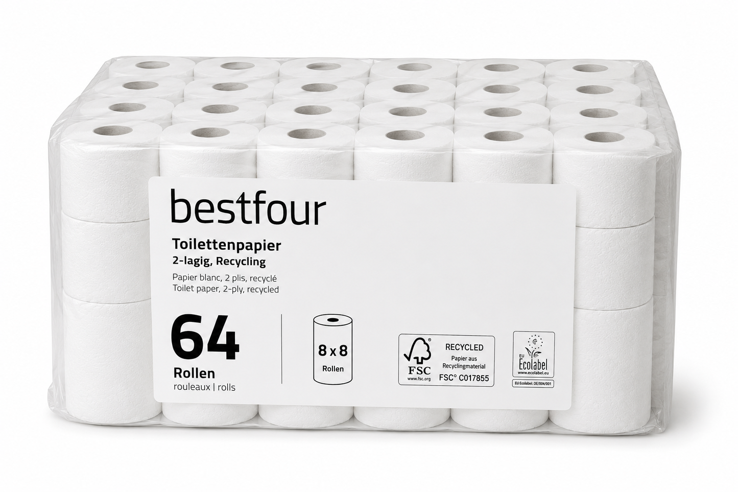 Bestfour Toilettenpapier neutral, recycling, weiß, 2-lg., 250 Blatt 8 x 8 Rollen
