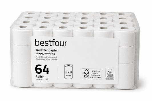 Bestfour Toilettenpapier neutral, recycling, weiß, 2-lg., 250 Blatt 8 x 8 Rollen
