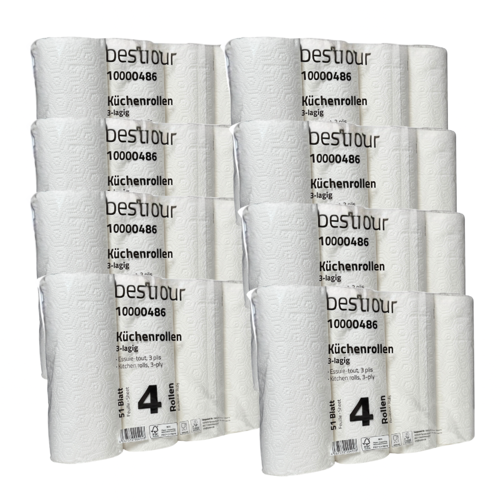 Bestfour Küchenrollen 100% Zellstoff, Hochweiß, 3-lg., 26 x 22 cm, 51 Blatt