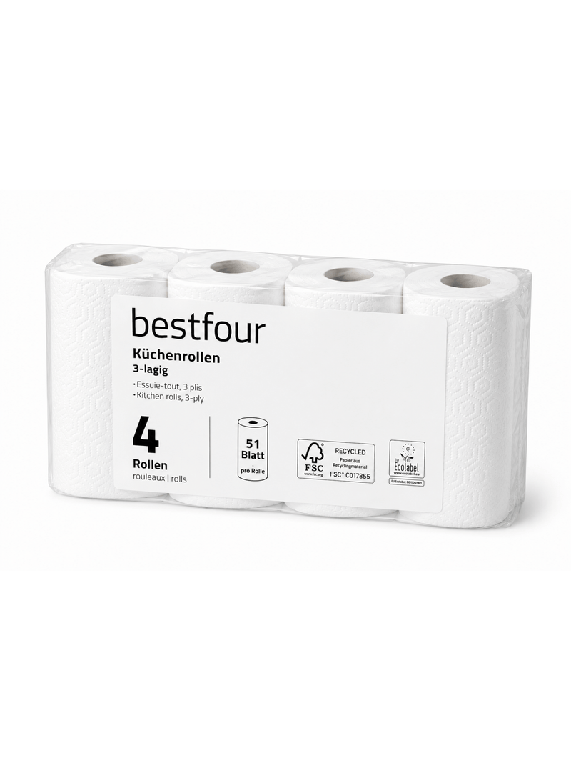 Bestfour Küchenrollen 100% Zellstoff, Hochweiß, 3-lg., 26 x 22 cm, 51 Blatt