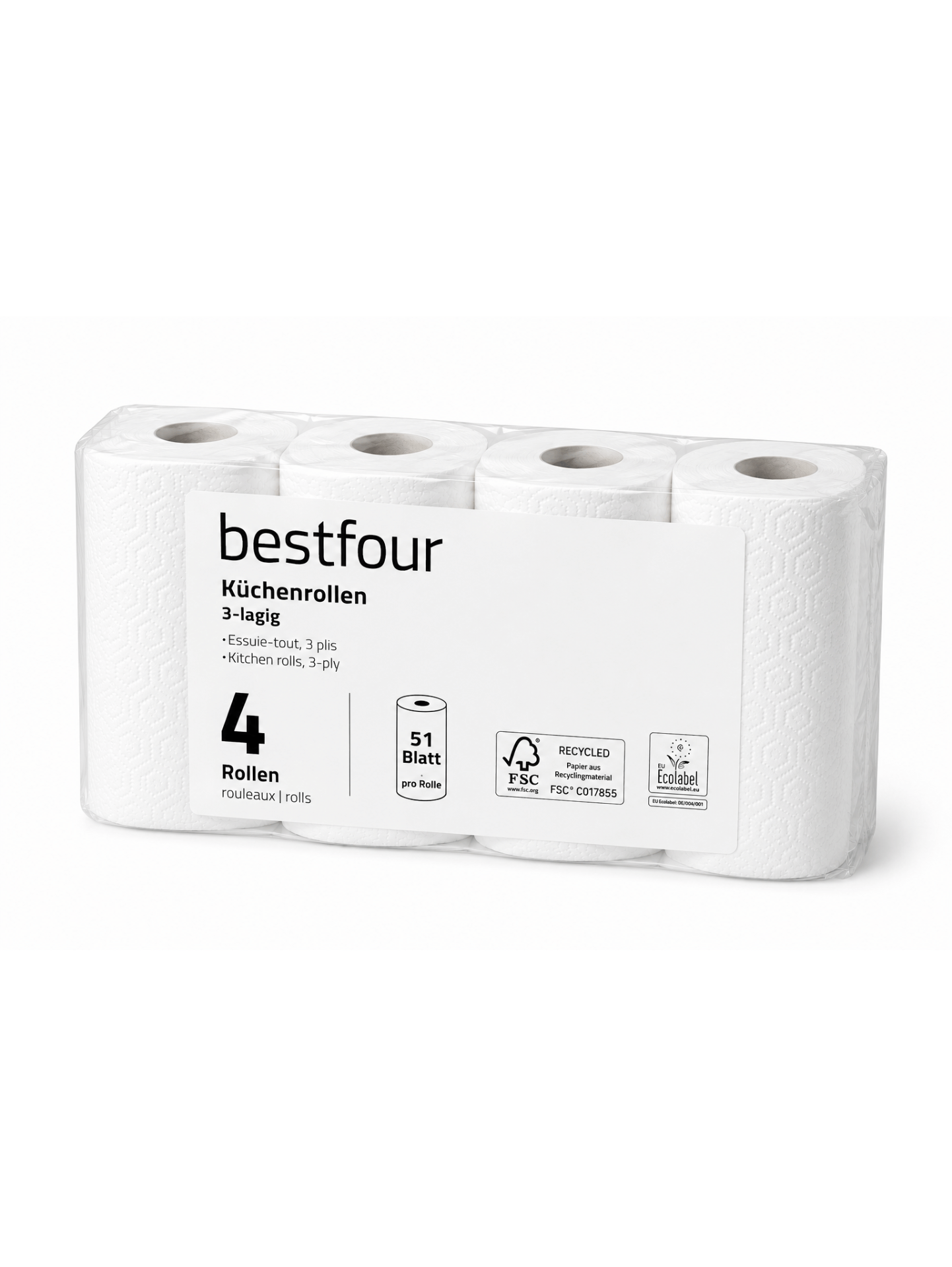 Bestfour Küchenrollen 100% Zellstoff, Hochweiß, 3-lg., 26 x 22 cm, 51 Blatt