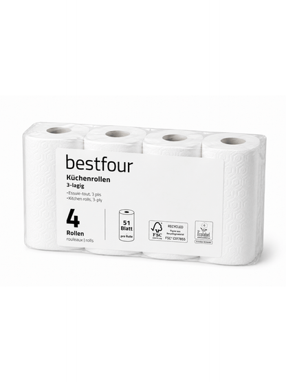 Bestfour Küchenrollen 100% Zellstoff, Hochweiß, 3-lg., 26 x 22 cm, 51 Blatt