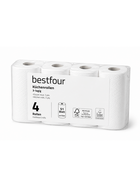 Bestfour Küchenrollen 100% Zellstoff, Hochweiß, 3-lg., 26 x 22 cm, 51 Blatt