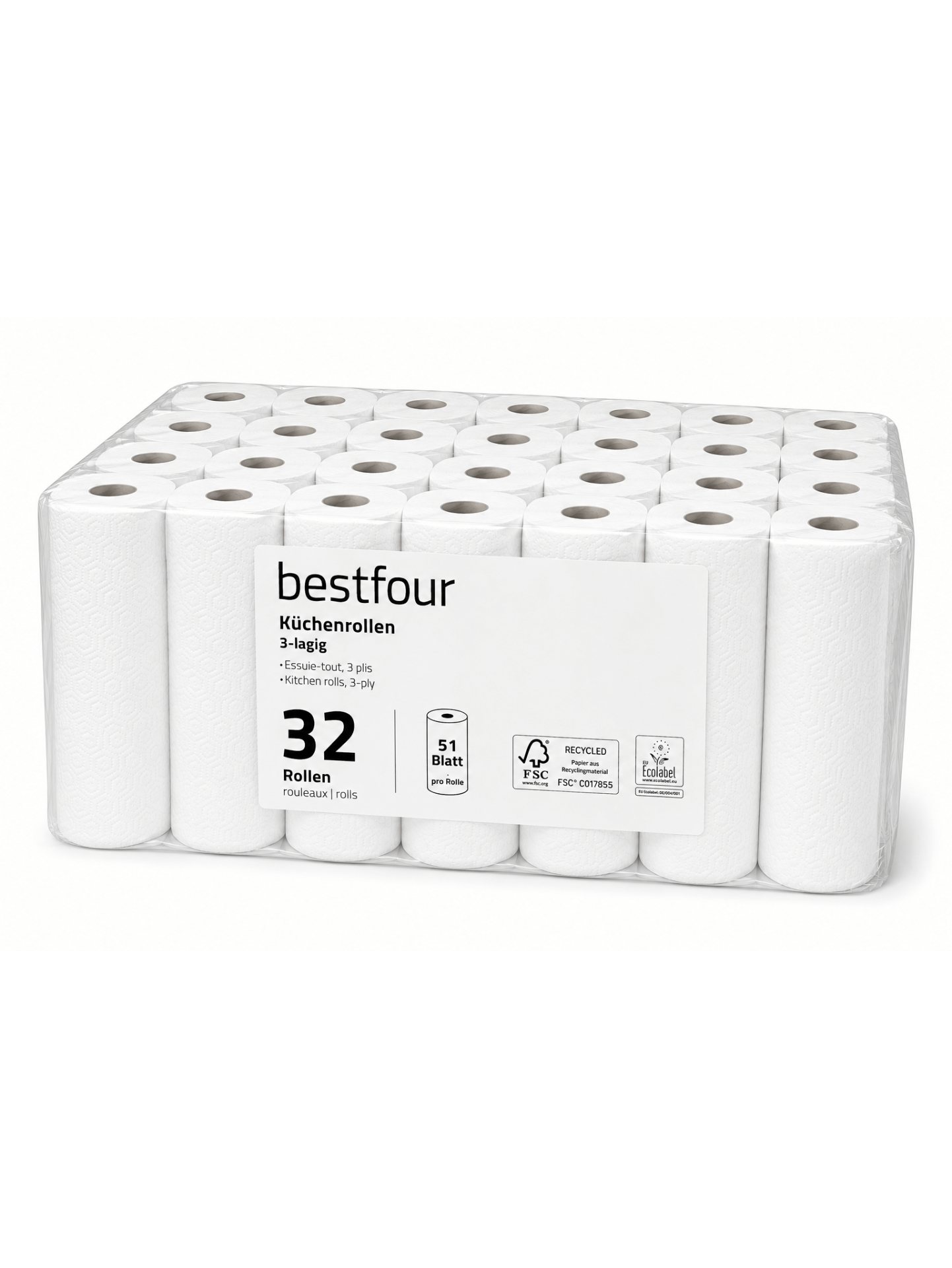 Bestfour Küchenrollen 100% Zellstoff, Hochweiß, 3-lg., 26 x 22 cm, 51 Blatt
