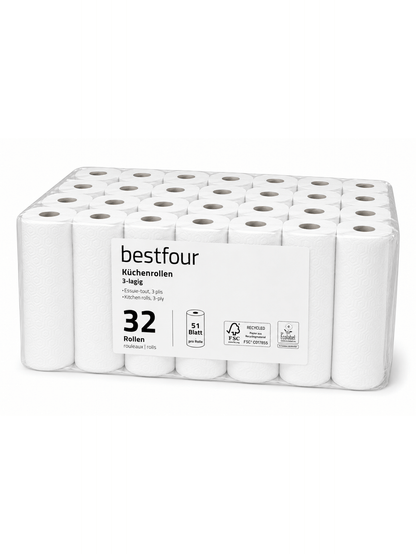 Bestfour Küchenrollen 100% Zellstoff, Hochweiß, 3-lg., 26 x 22 cm, 51 Blatt