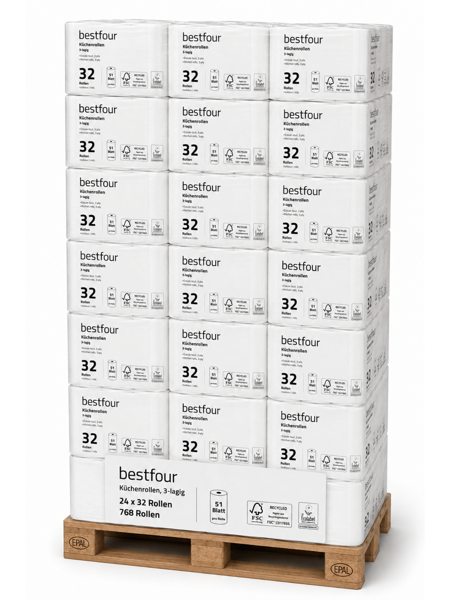 Bestfour Küchenrollen 100% Zellstoff, Hochweiß, 3-lg., 26 x 22 cm, 51 Blatt