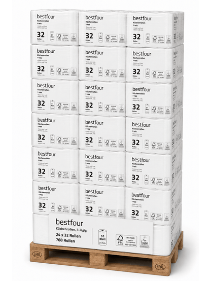 Bestfour Küchenrollen 100% Zellstoff, Hochweiß, 3-lg., 26 x 22 cm, 51 Blatt