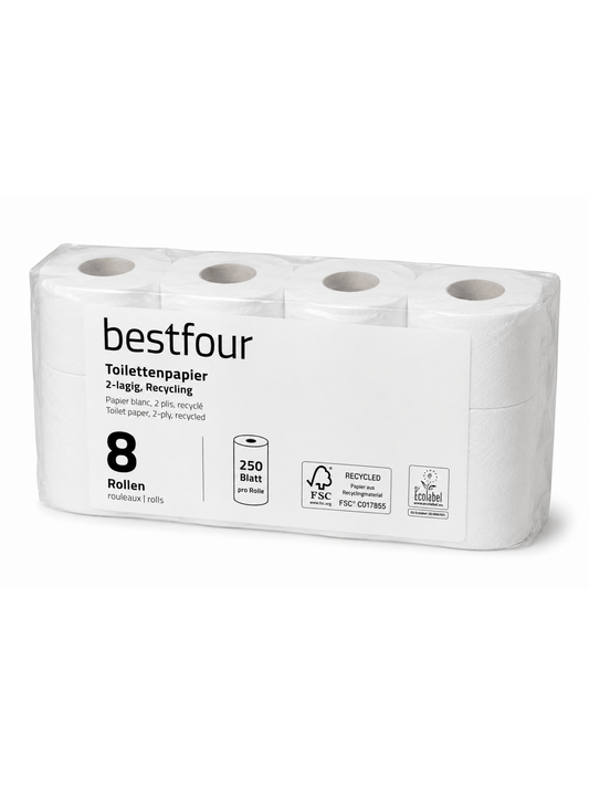 Bestfour Toilettenpapier neutral, recycling, weiß, 2-lg., 250 Blatt 8 x 8 Rollen